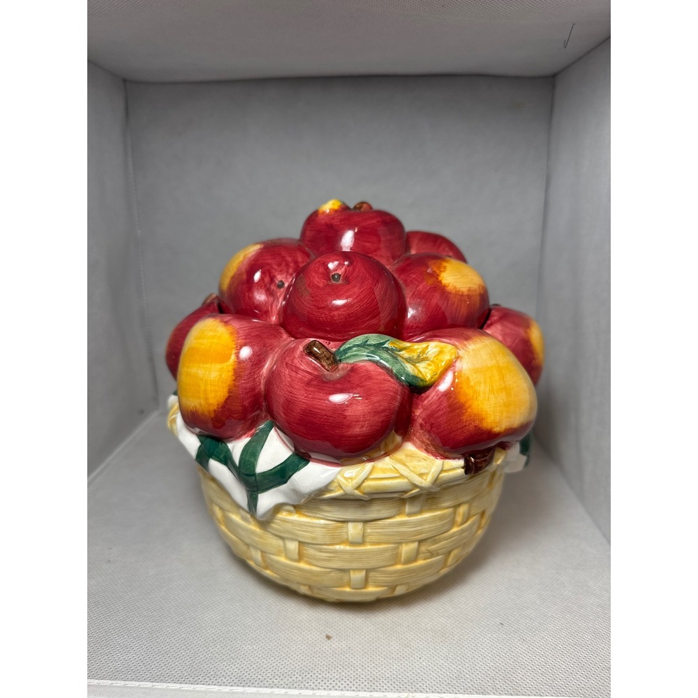 Vintage Ceramic Apple Basket Cookie Jar Farmhouse Kitchen Decor Red Yellow 9"